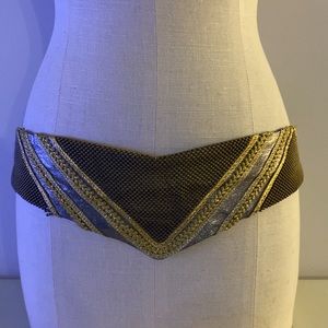 Vintage Taupe & Gold tone mesh & braid v- yolk belt. ~32". Back buckle.